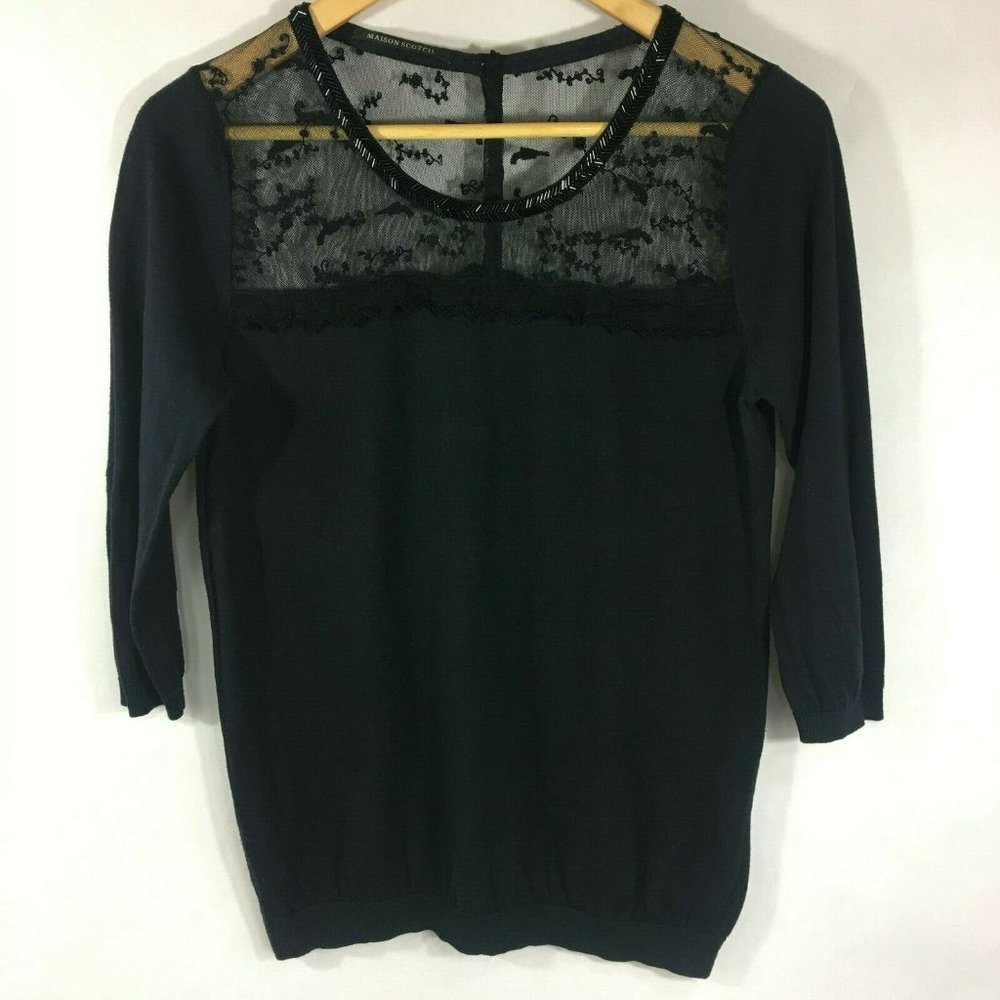 Maison Scotch Womens Sequin 3/4 Sleeve Top Navy